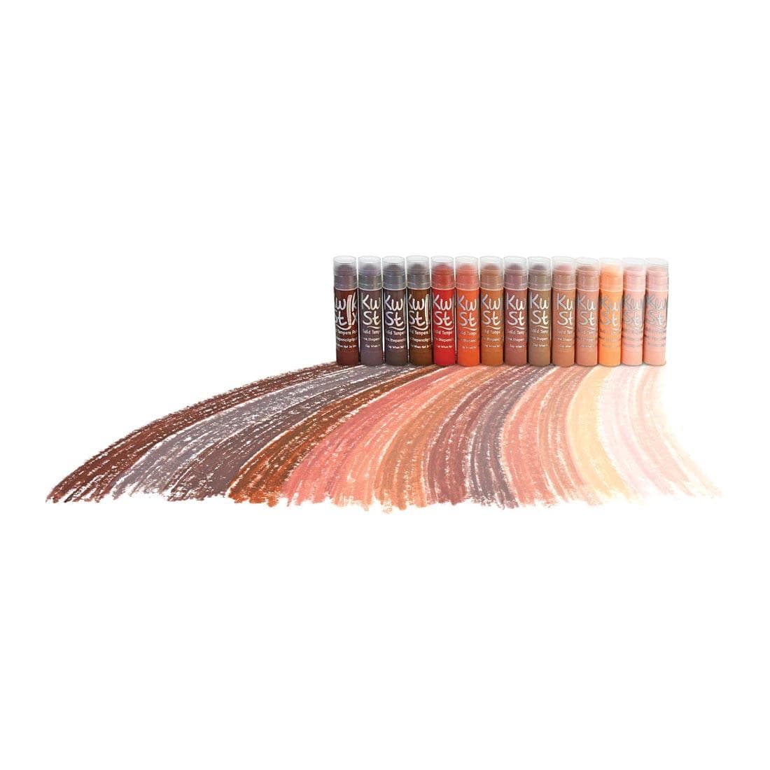 Kwik Stix Solid Tempera Paint 14-Color Skin Tones Set, showing each stick and a stroke of the color