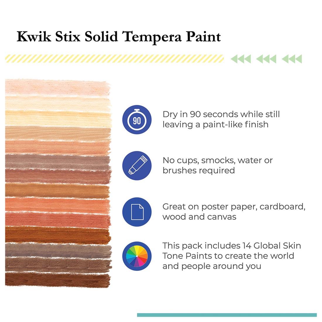 Color swatches of Kwik Stix Solid Tempera Paint 14-Color Skin Tones Set, with benefits of the solid paint sticks listed