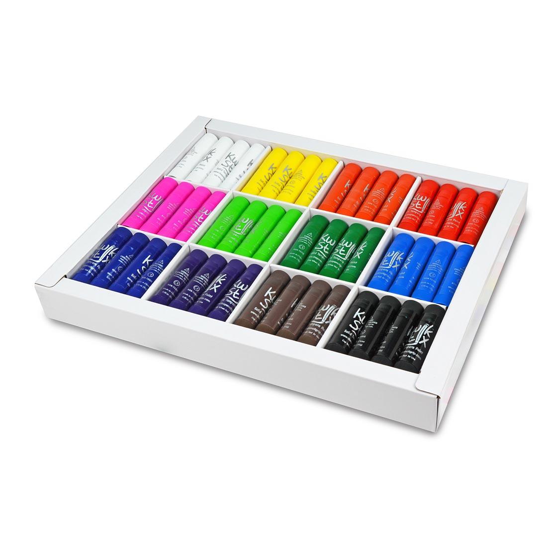 96-count classroom pack of Kwik Stix Solid Tempera Paint, showng with lid off packaging and sticks in divided compartments