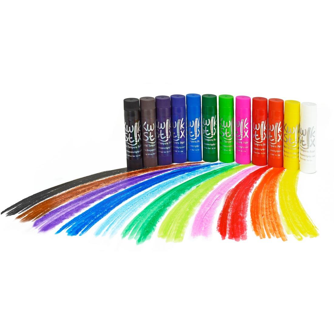 swatches of 12 colors of Kwik Stix Solid Tempera Paint