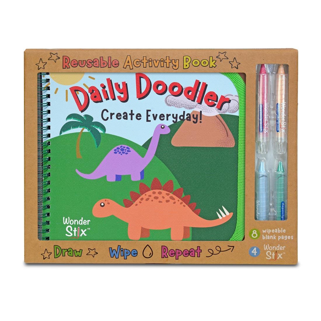 front of package of the Dino Daily Doodler Reusable Activity Book With Wonder Stix