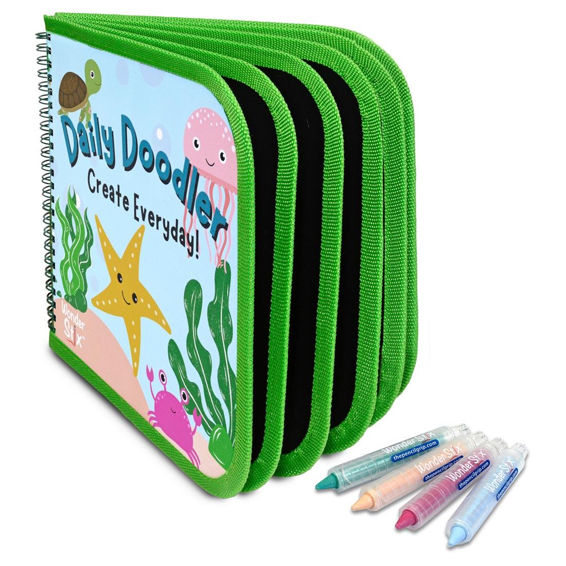 Sea Life Daily Doodler Reusable Activity Book standing up With 4 Wonder Stix