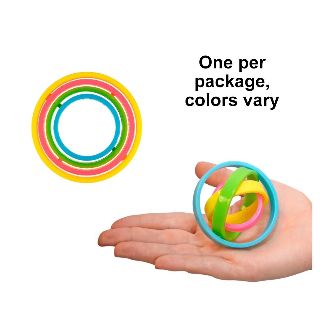 Orrby Fidget Toy, plus a hand holding the Orrby Fidget Toy, with the words, "one per package, colors vary"