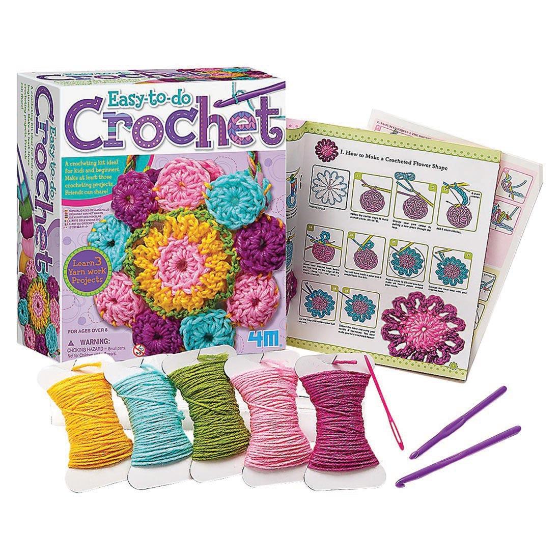 Easy-To-Do Crochet Kit package, instructions, yarn and needles