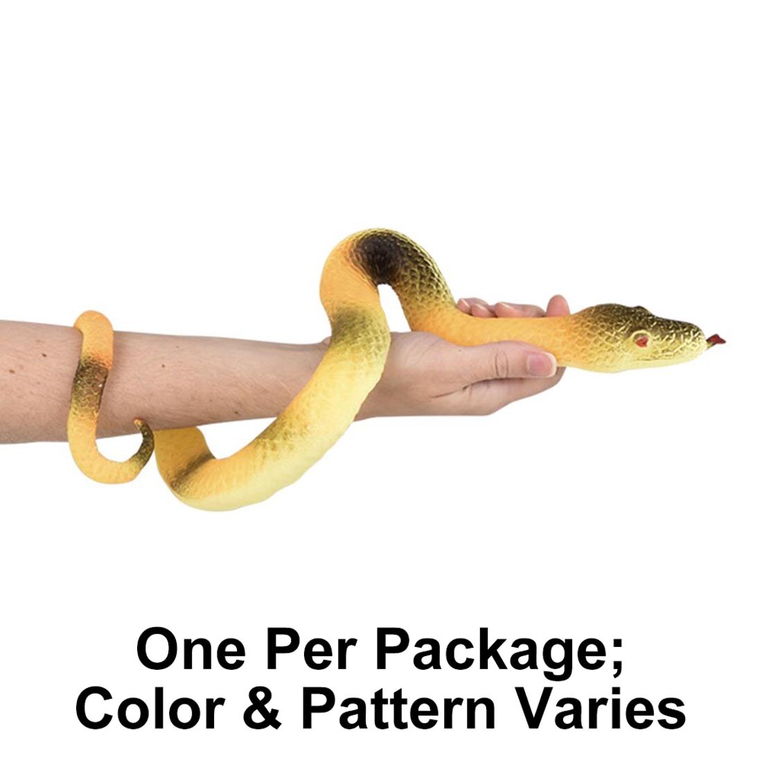 Hand holding a Jumbo Growing Snake with text One Per Package; Color & Pattern Varies