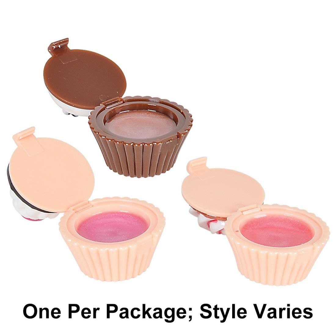 Three open Cupcake Lip Glosses with text One Per Package; Style Varies