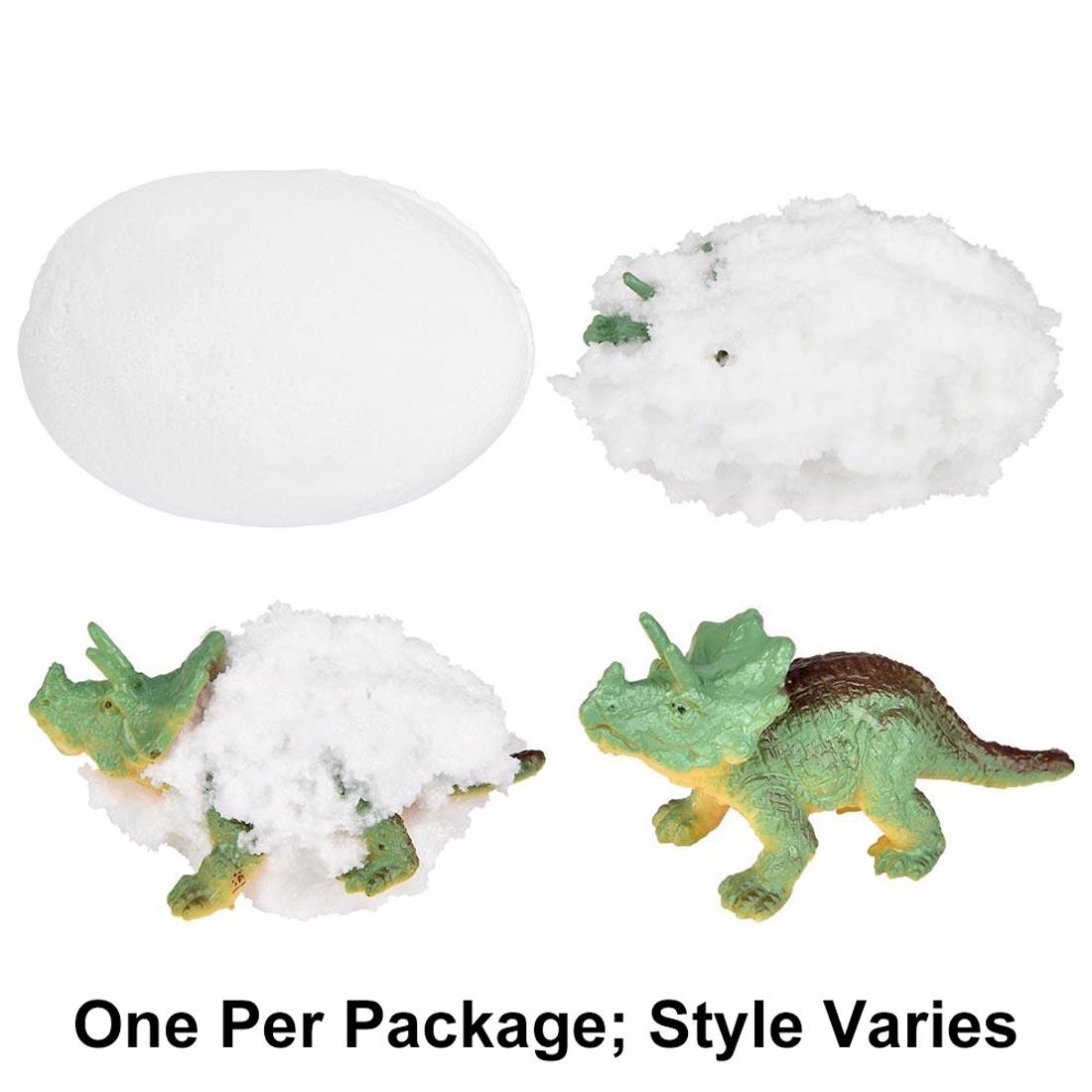 Dinosaur Fizzy Egg in four different stages with text One Per Package; Style Varies