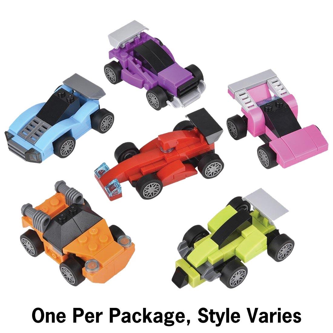 6 examples of Building Block Pull Back Race Cars with text One Per Package, Style Varies