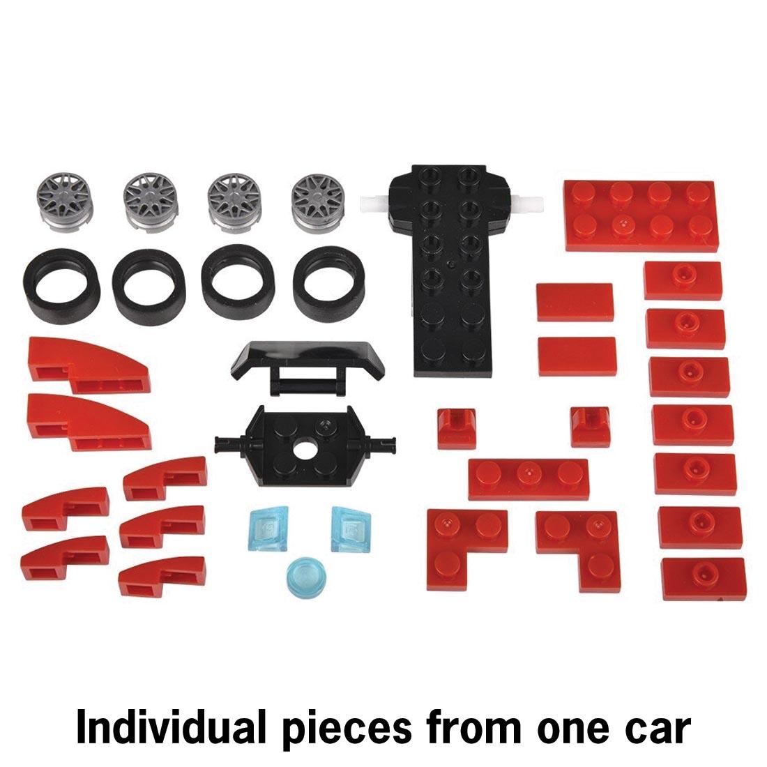 components of the Building Block Pull Back Race Car kit with text Individual pieces from one car