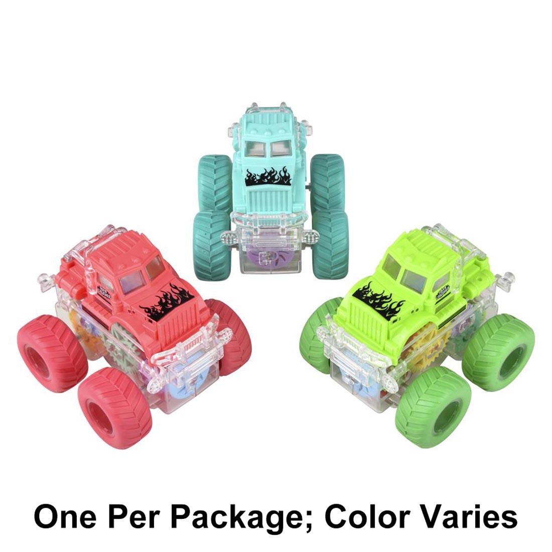 Three Friction Gear Light-Up Big Wheel Toy Trucks with text One Per Package; Color Varies