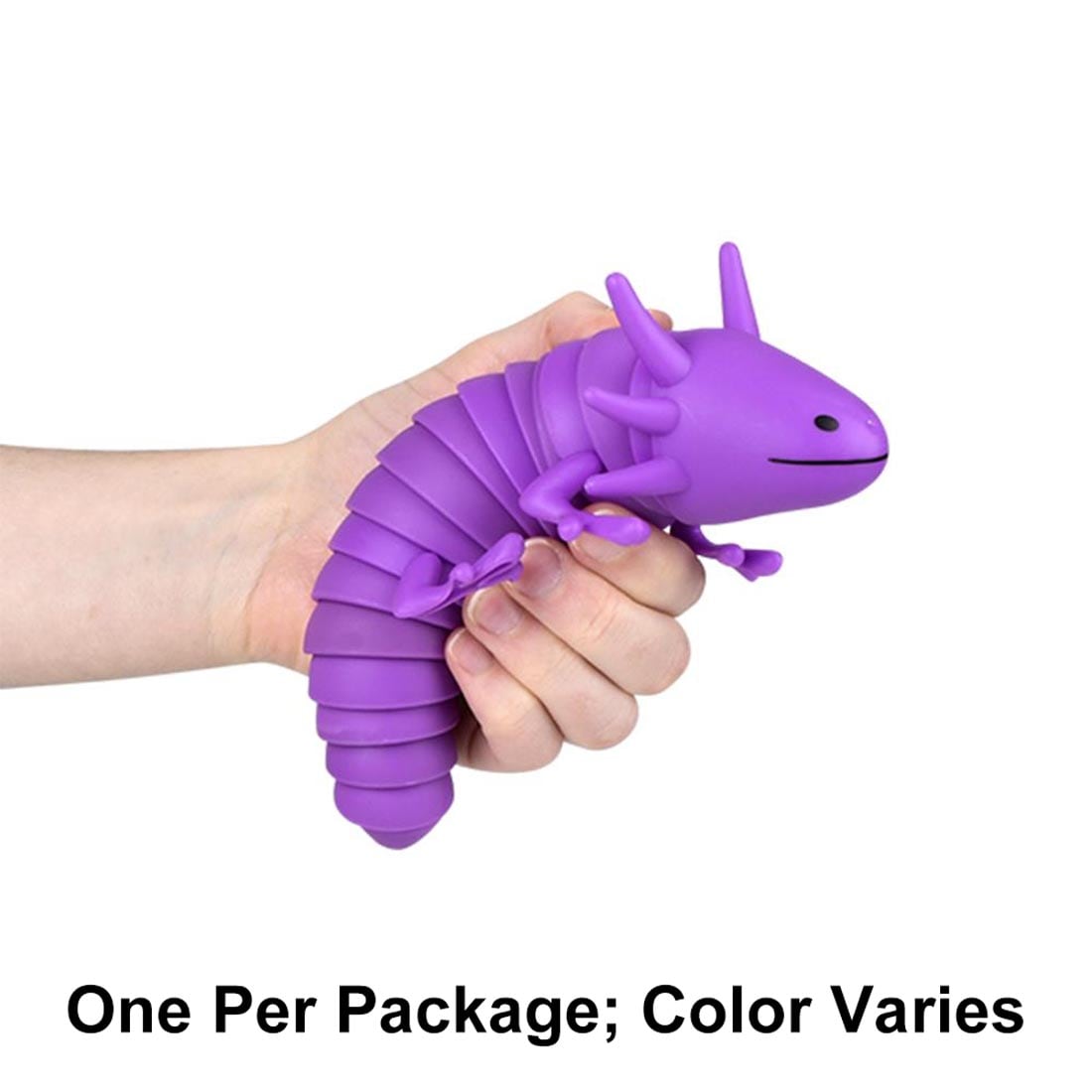 hand squeezing a Sensory Wiggle Axolotl with text One Per Package; Color Varies