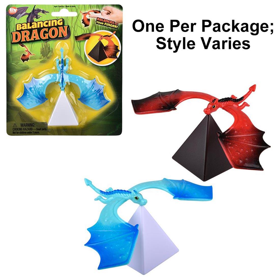 three Balancing Dragon Toys; one in package plus text One Per Package; Style Varies