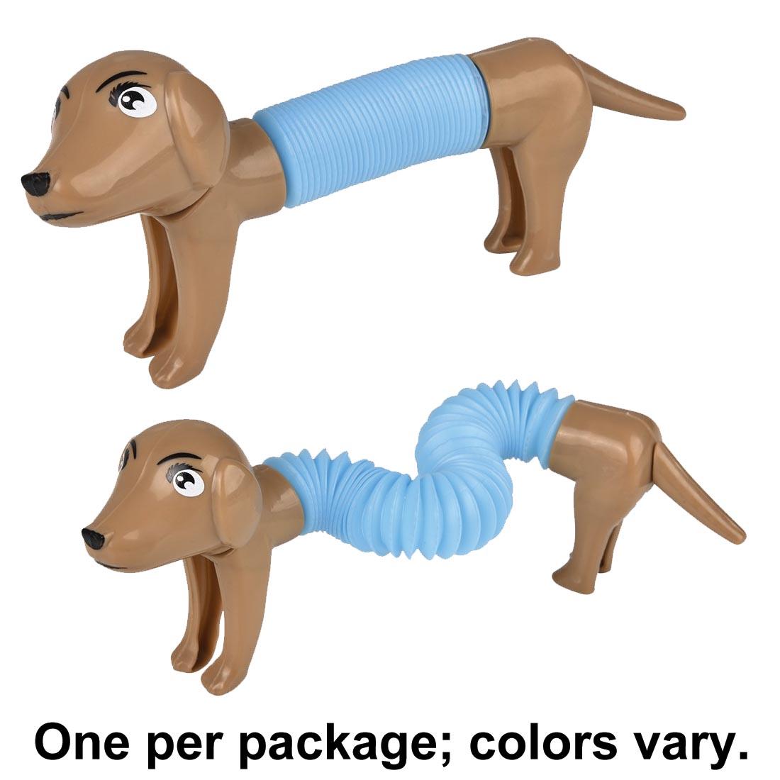 a Fidget Pop Tube Dachshund both short and extended, plus text One per package; colors vary