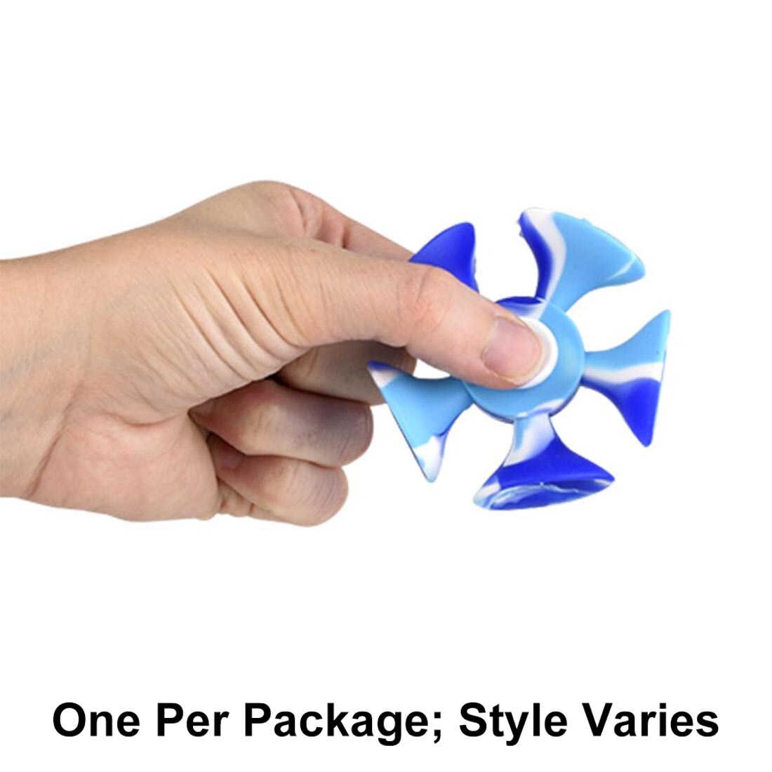 Hand holding a Suction Cup Fidget Spinner with text One Per Package; Style Varies