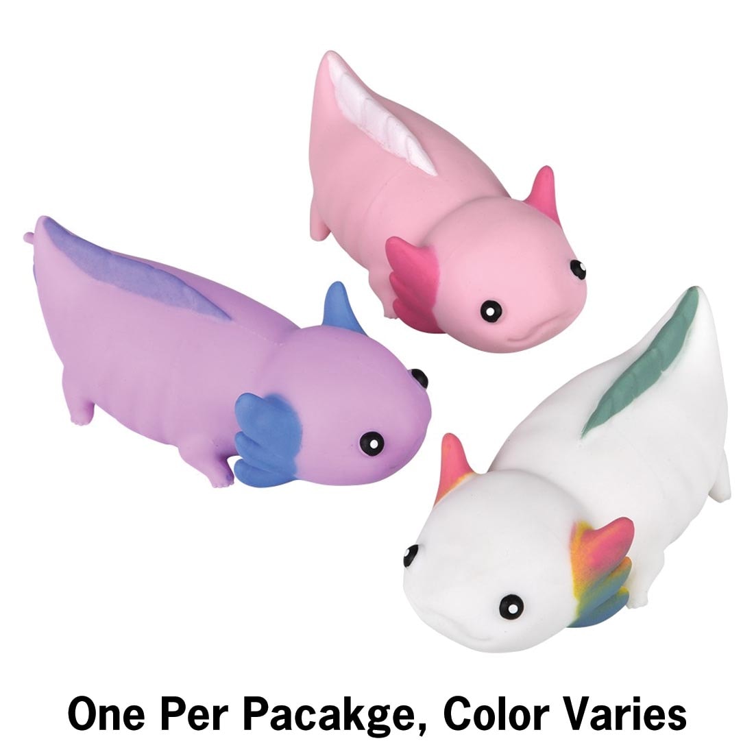 3 Stretchy Sand Axolotl Toys and text: One Per Package, Color Varies 