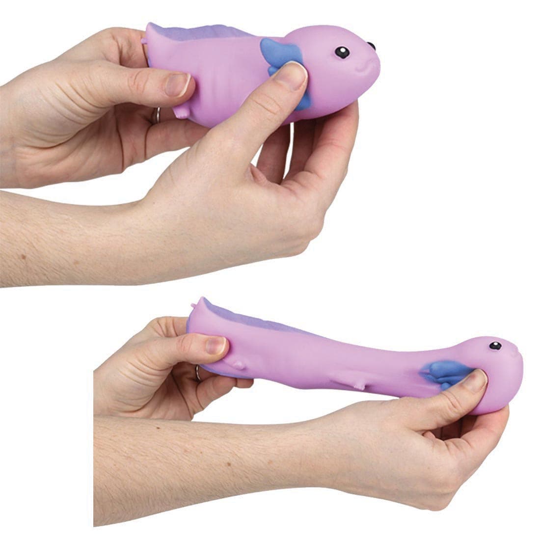 hands holding a relaxed Stretchy Sand Axolotl Toy plus hands stretching a Stretchy Sand Axolotl Toy