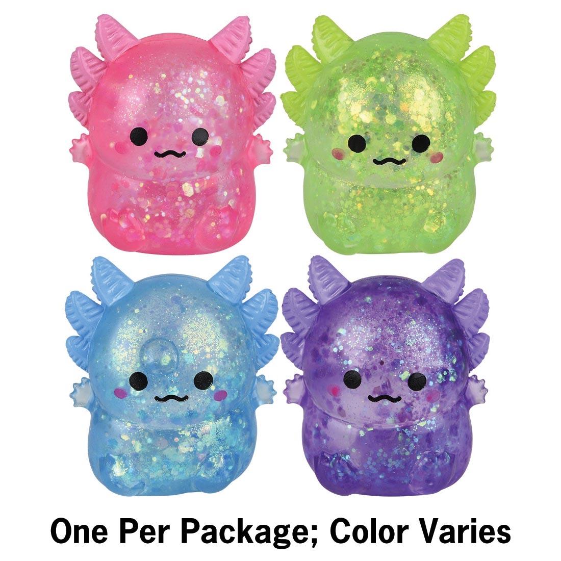 4 Squeezy Sugar Axolotls and text: One Per Package; Color Varies