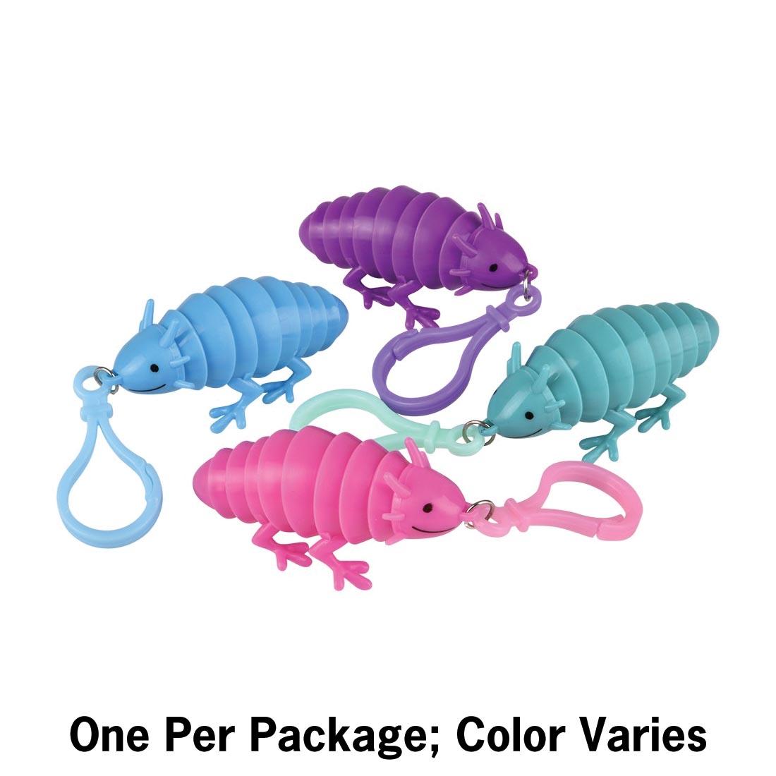 4 Mini Sensory Wiggle Axolotl Clip-Ons and text: One Per Package; Color Varies