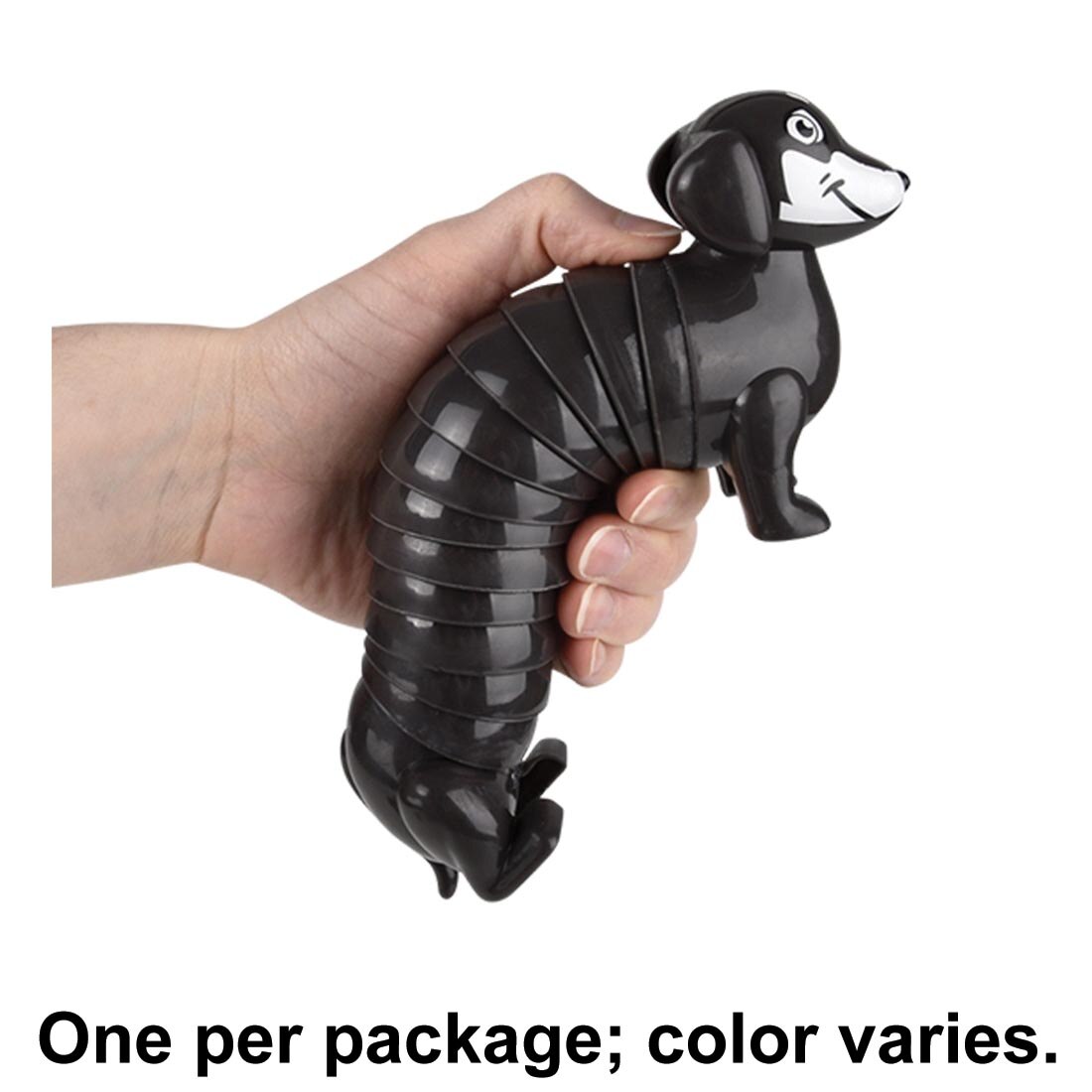 hand holding a Sensory Wiggle Dachshund plus text One per package; color varies