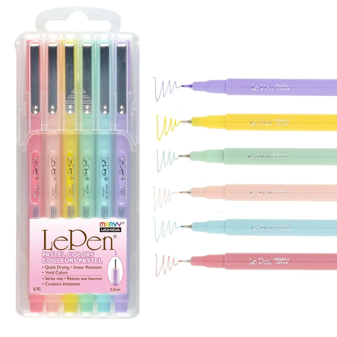 Marvy LePen 6-Count Pastel Set in package beside the individual, uncapped pens making scribbles