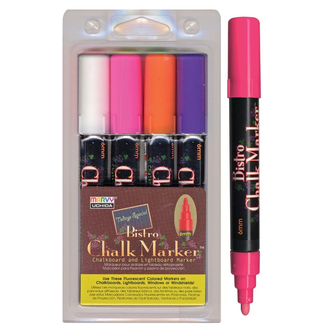 Marvy Bistro Chalk Marker Set B in package next to an individual fluorescent pink marker with cap on opposite end