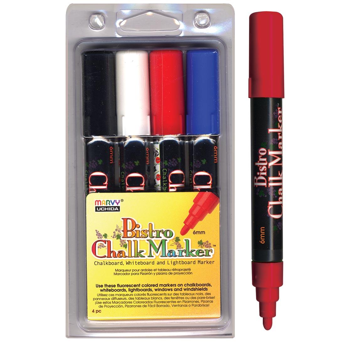 Marvy Bistro Chalk Marker Set C in package next to an individual red marker with cap on opposite end