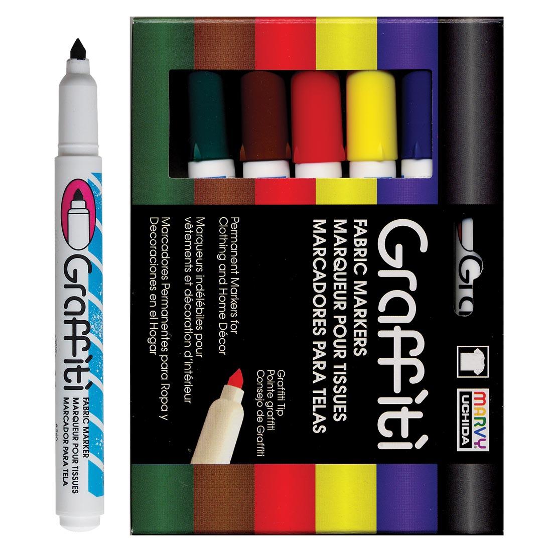 Marvy Graffiti Fabric Markers Basic Set in package next to individual marker with cap off