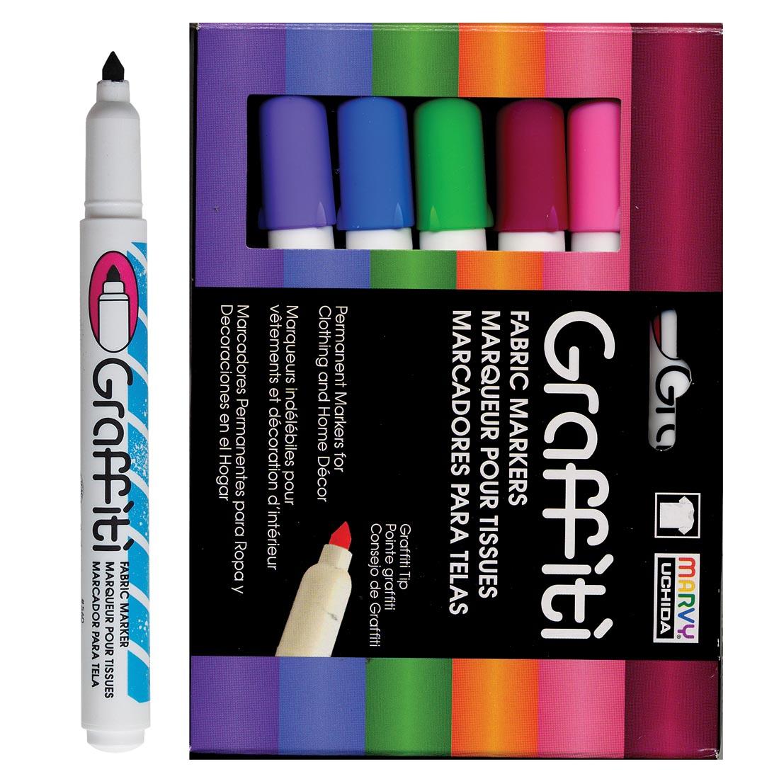 Marvy Graffiti Fabric Markers Floral Set in package next to individual marker with cap off