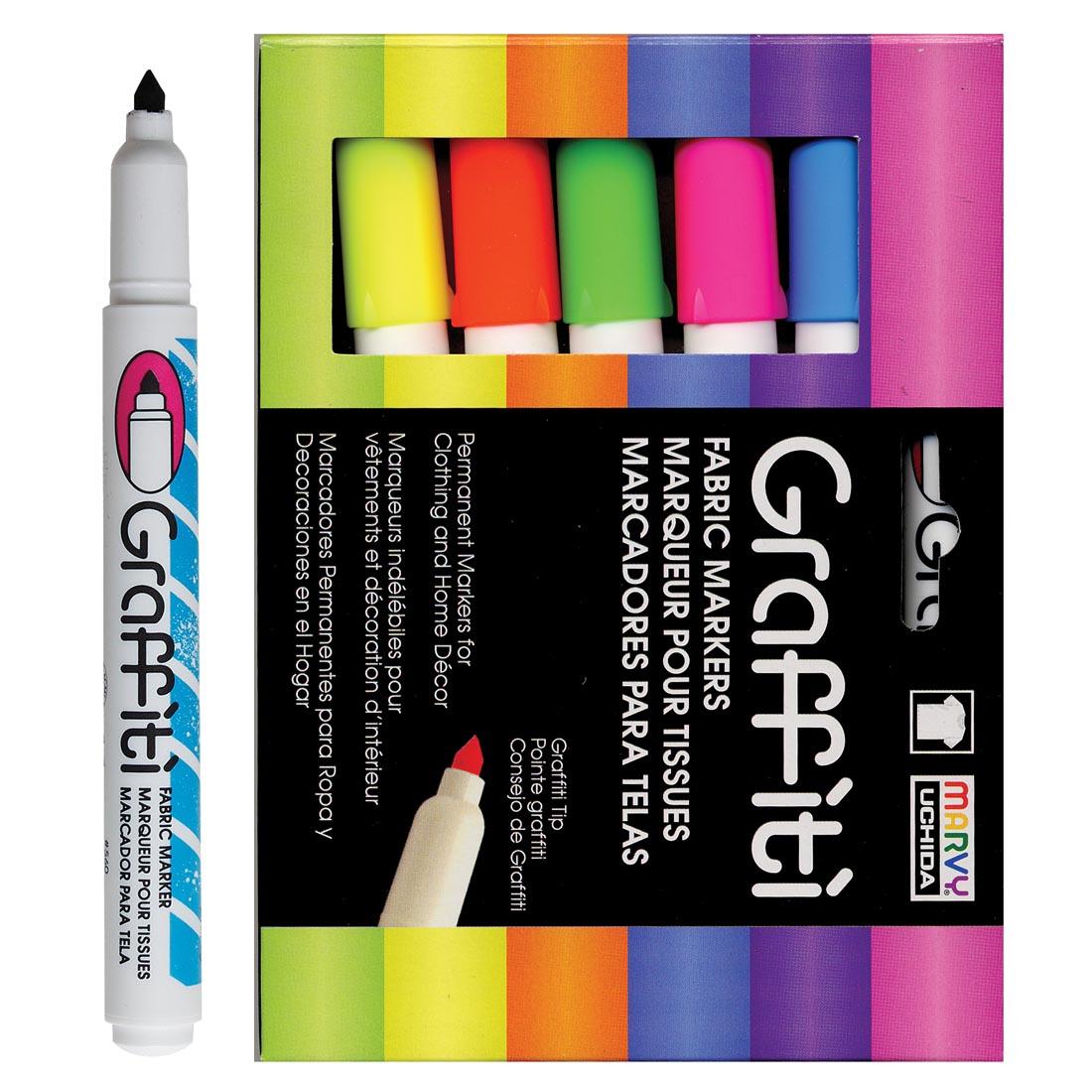 Marvy Graffiti Fluorescent Fabric Markers in package next to individual marker with cap off