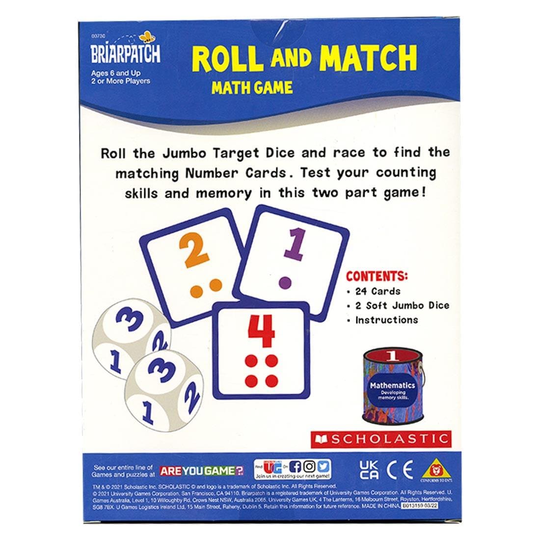 Back of package of Briarpatch Roll And Match Math Game