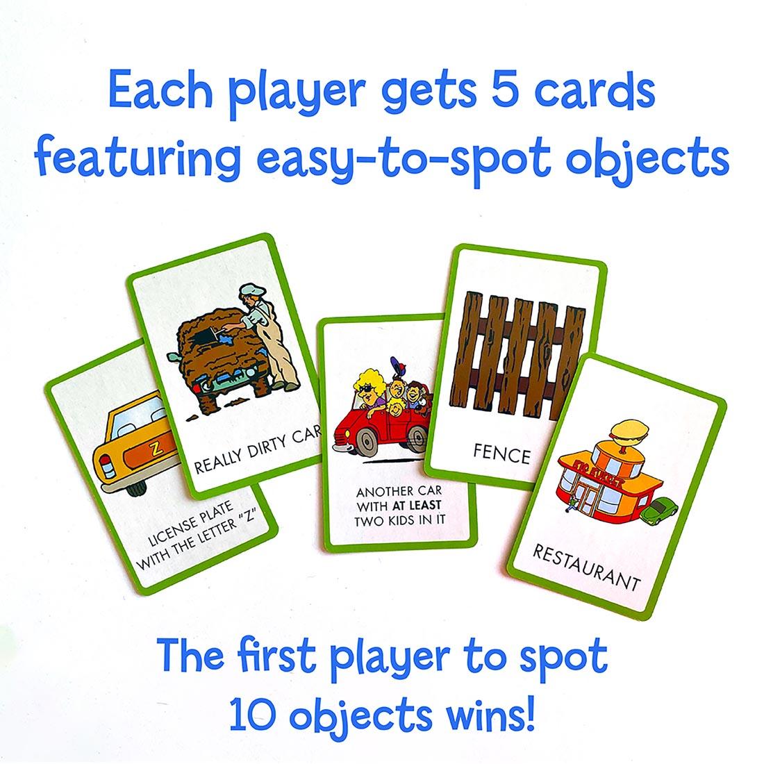 cards from Scavenger Hunt For Kids Travel Game plus text Each player gets 5 cards featuring easy-to-spot objects. The first player to spot 10 objects wins!