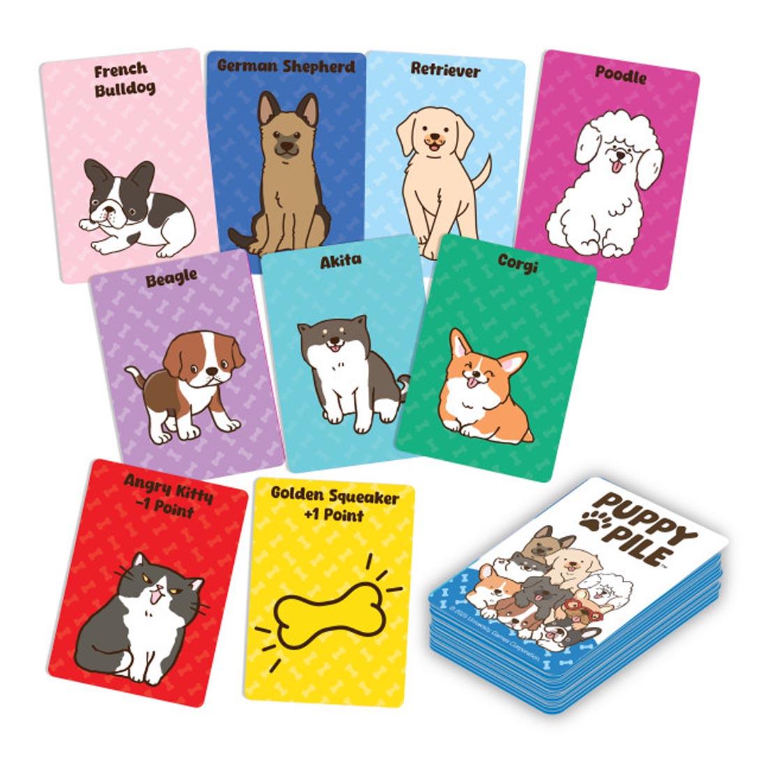 sample cards from Puppy Pile card game, showing French Bulldog, Retriever, Poodle and more