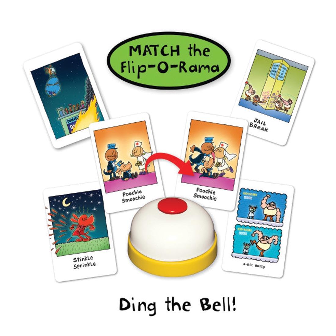 cards and bell from Dog Man The Scarlet Shedder Flip-O-Rama Game with text Match the Flip-O-Rama; Ding the Bell!
