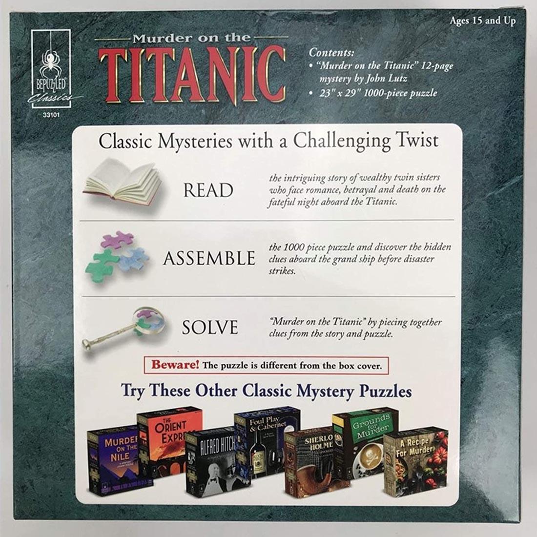 Back of package of Murder On The Titanic Mystery Jigsaw Puzzle