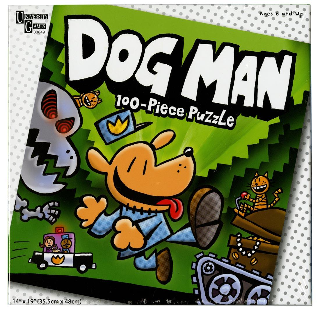 Front of package of the Dog Man Unleashed 100-Piece Puzzle by University Games