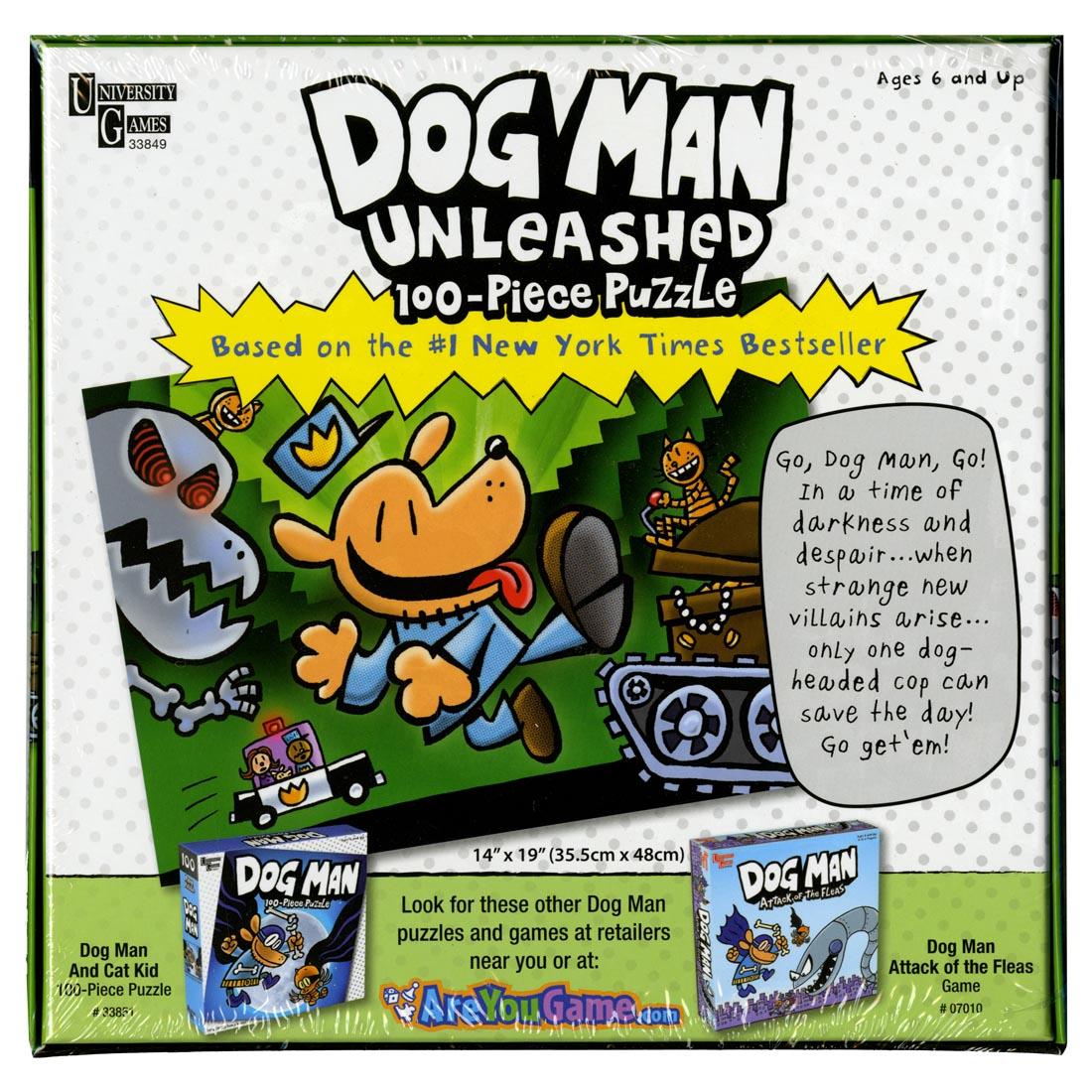 back of package of the Dog Man Unleashed 100-Piece Puzzle by University Games