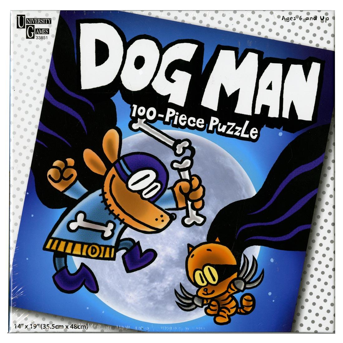 Front of box of the Dog Man & Cat Kid 100-Piece Puzzle by University Games