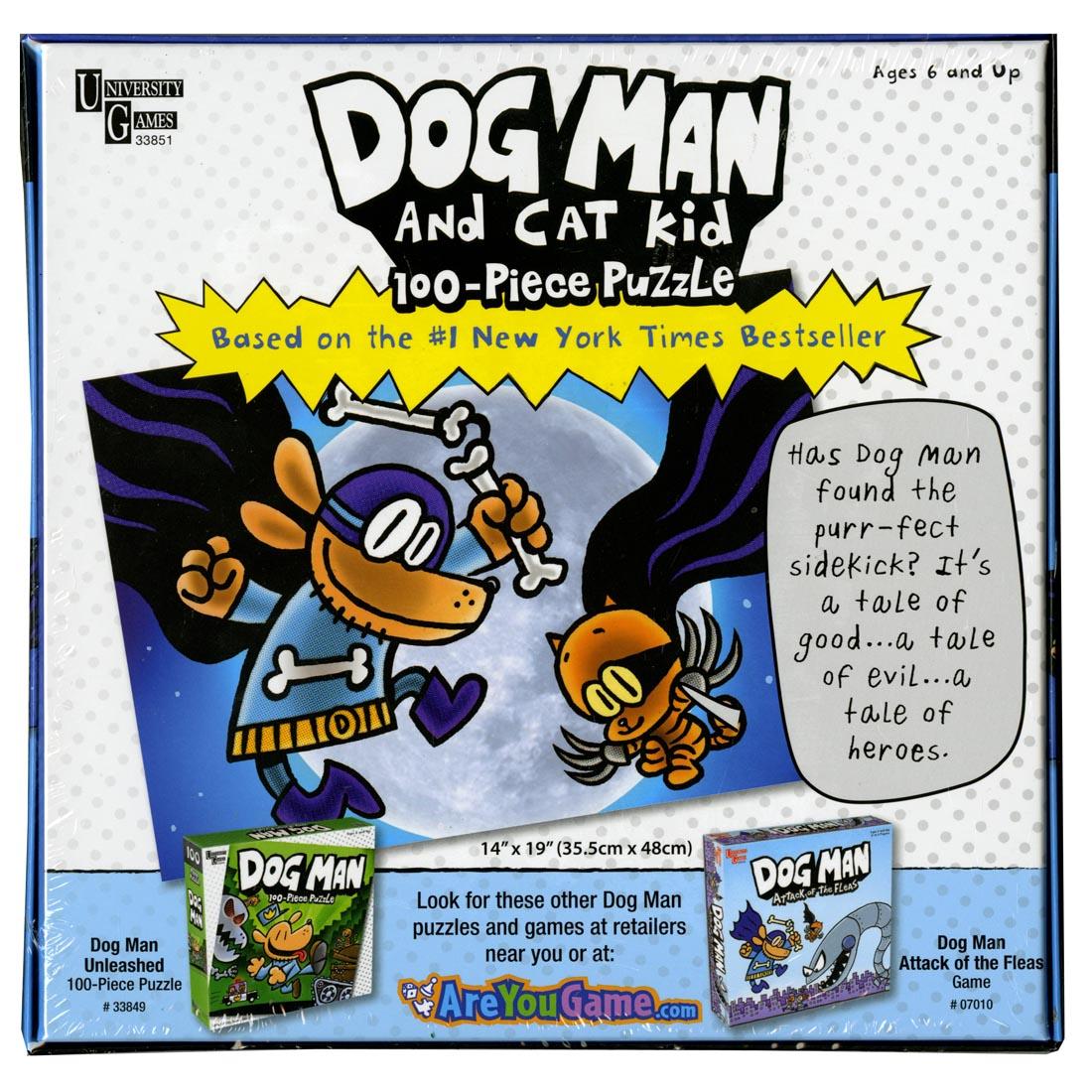 Back of box of the Dog Man & Cat Kid 100-Piece Puzzle by University Games