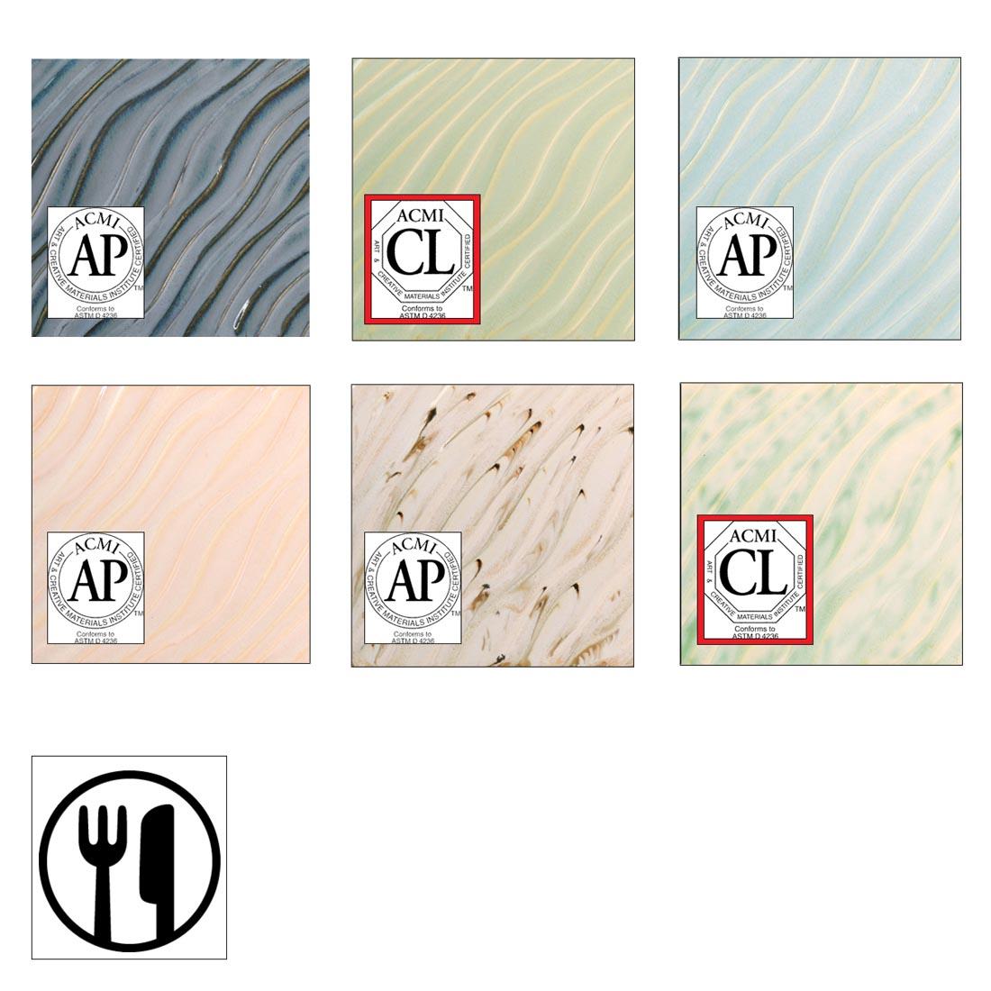 clay tiles with Amaco Potter's Choice Flux High Fire Glazes applied each overlaid with their own health seals