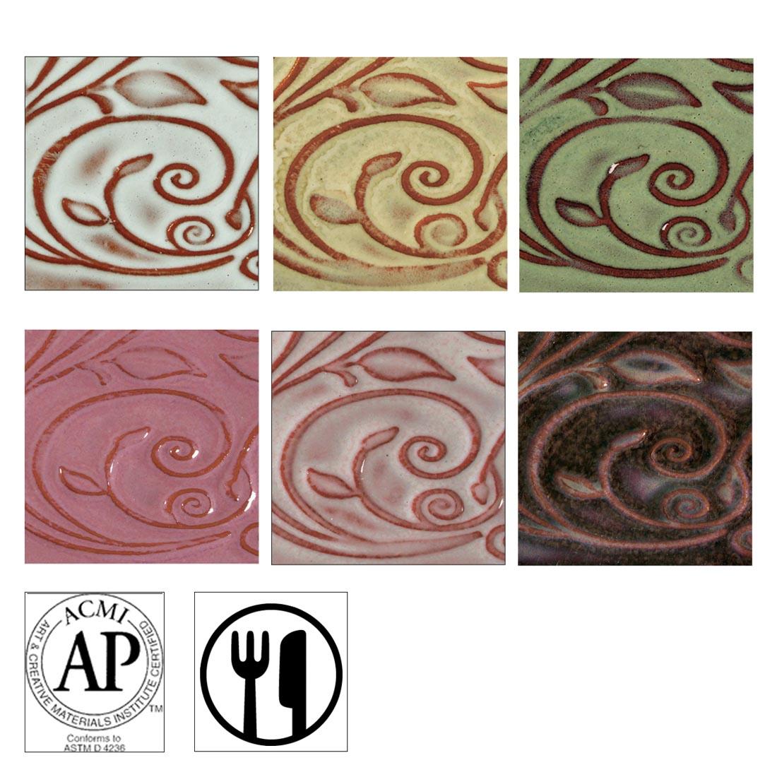 clay tiles with colors from the AMACO Opalescent Glazes 6-Color Class Pack 2 applied plus symbols for AP Seal and Food Safe