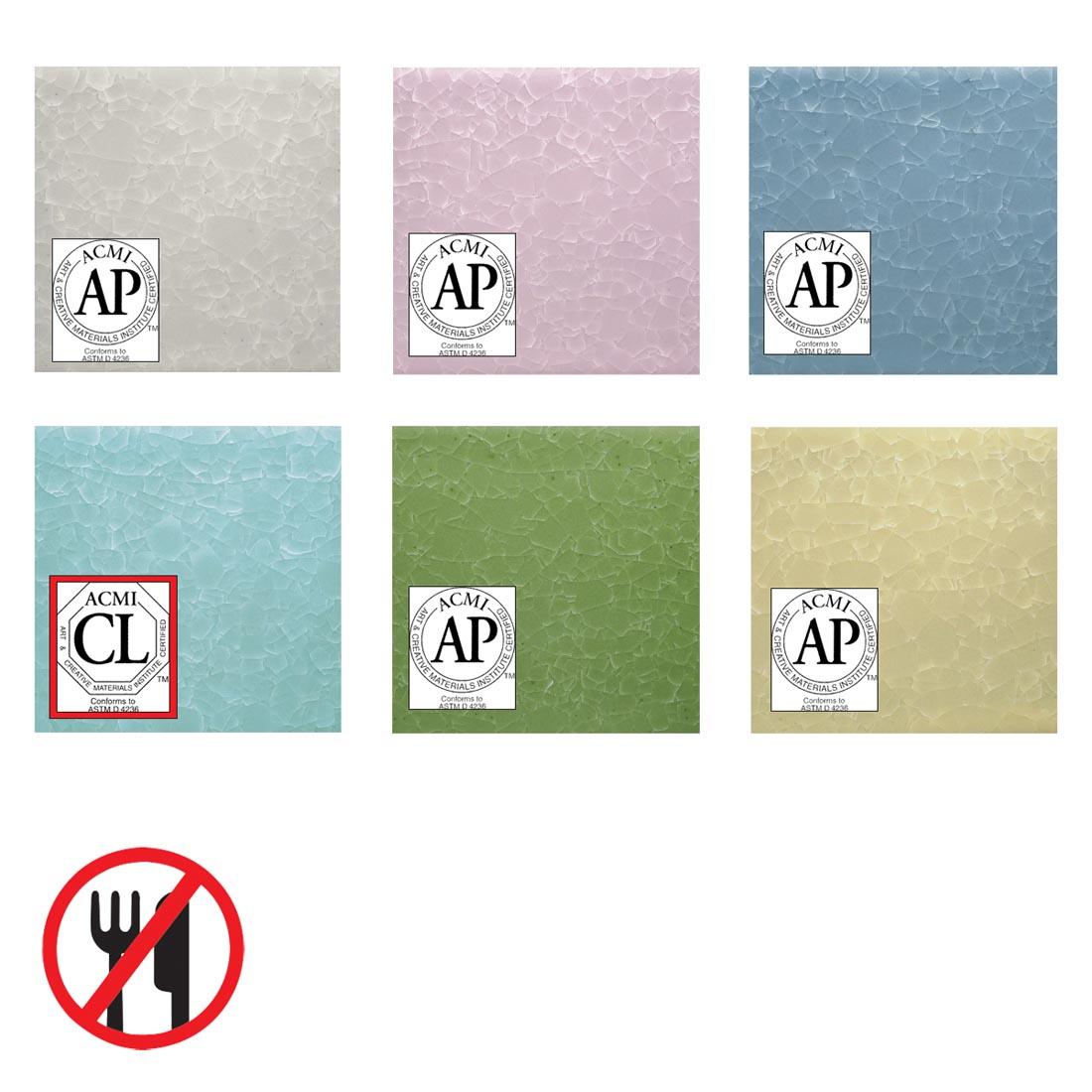 6 clay tiles with AMACO Kiln Ice High Fire Glazes applied each overlaid with their own health seals, plus the symbol for not food safe