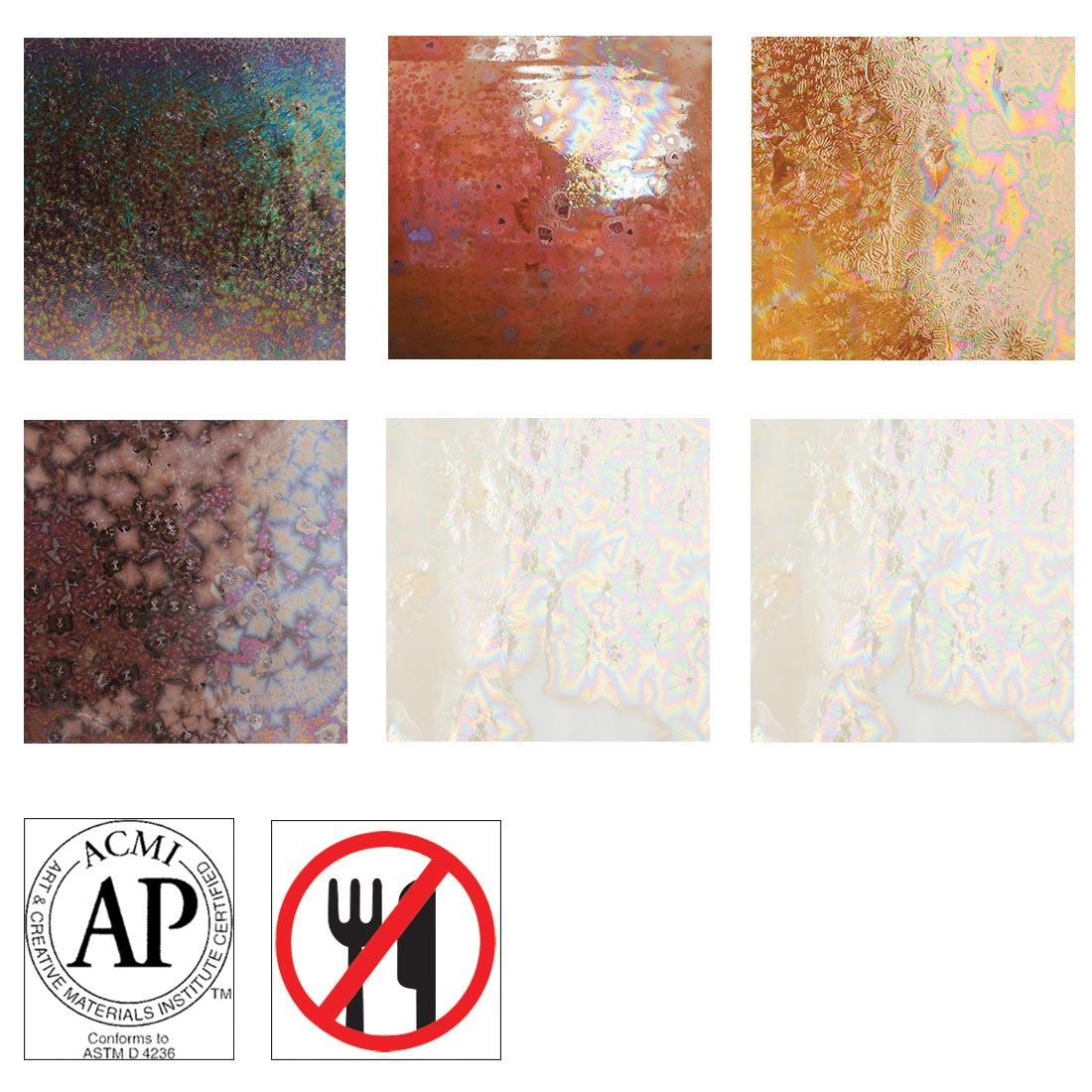 6 clay tiles with AMACO Cosmos High Fire Glazes applied, plus the symbols for AP Seal non-toxic and not food safe
