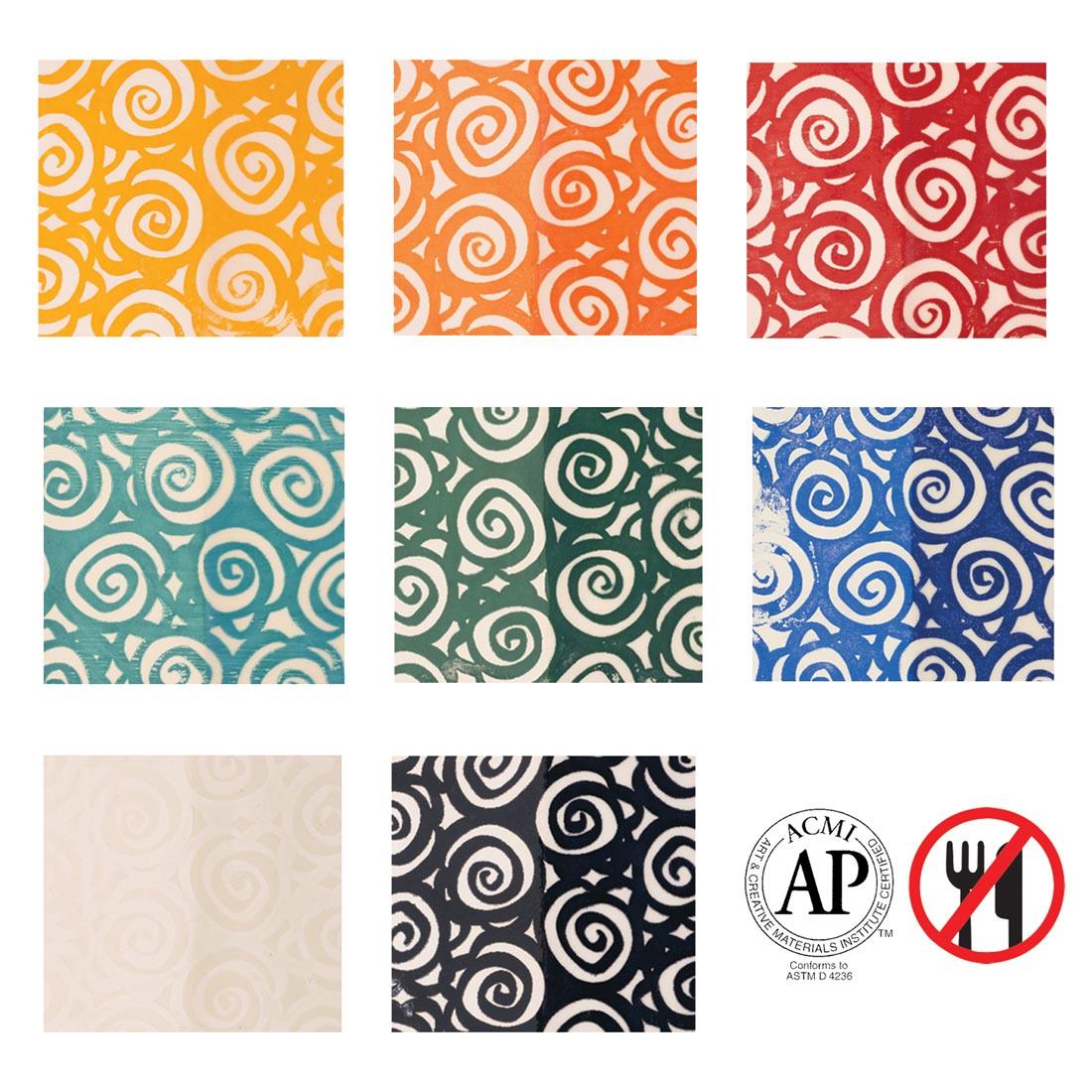 8 clay tiles with AMACO Ceramic Printing Inks applied, plus the symbols for AP Seal non-toxic and not food safe