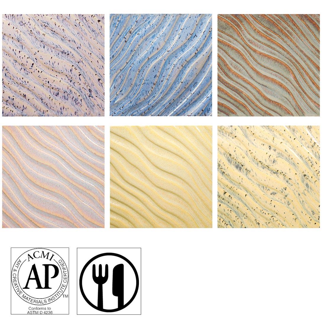6 clay tiles with Amaco Potter's Choice Flux High Fire Glaze applied plus symbols for AP Seal and Food safe