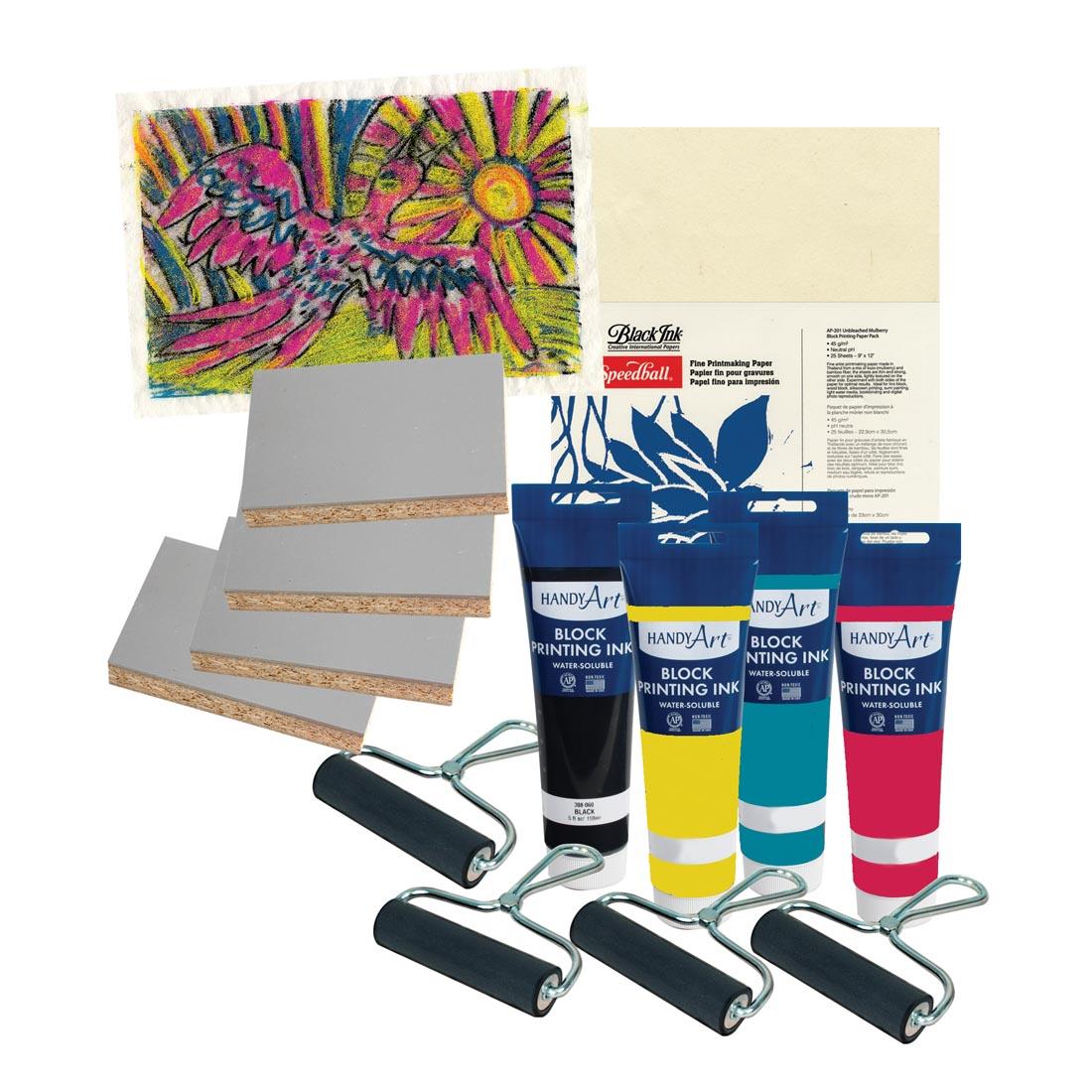 Contents of the Four-Color Monoprint Project Kit plus a completed print