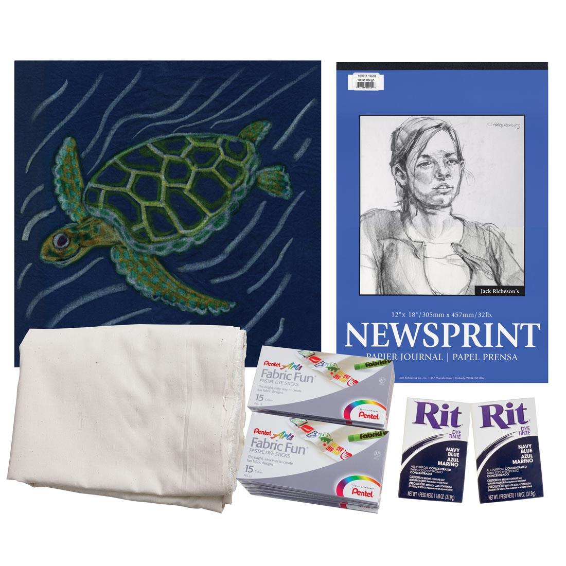 Contents of the Simple Fabric Fun Batik Project Kit along with a completed example project of a sea turtle