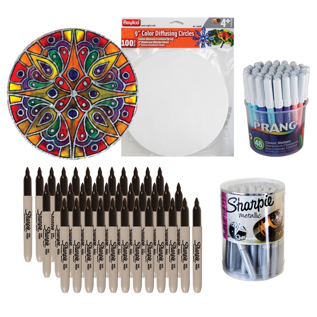 Contents of the Color Diffusing Rose Window Project Kit plus an example of completed project