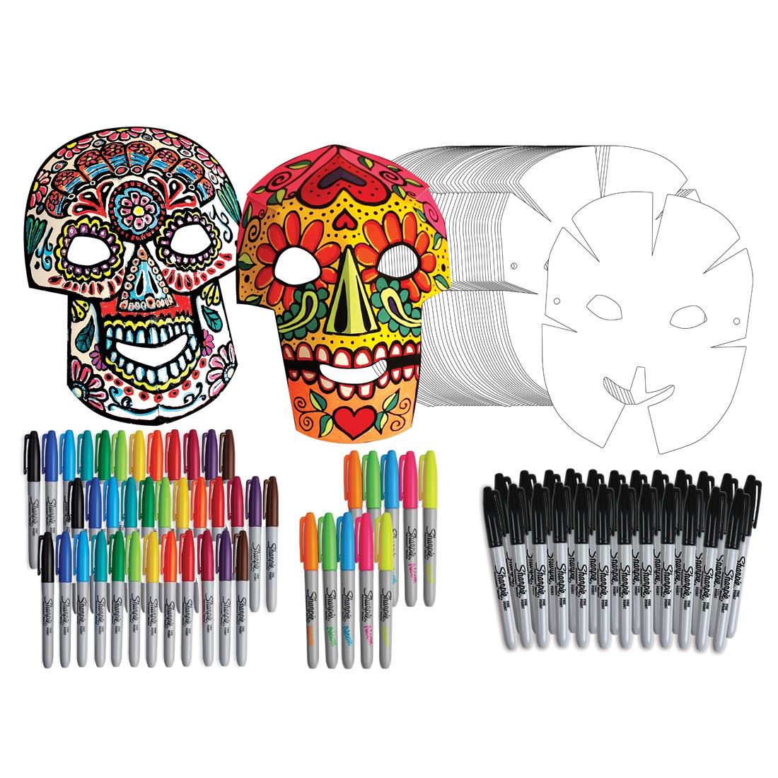 Contents of the Day of the Dead Paper Mask Project Kit plus an example of a completed mask