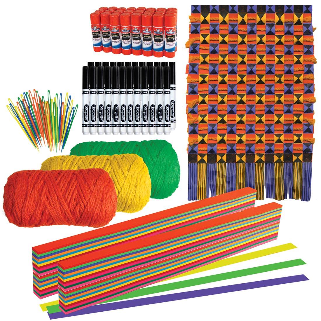 Contents of the Paper Strip Kente Weaving Project Kit plus an example of a completed project