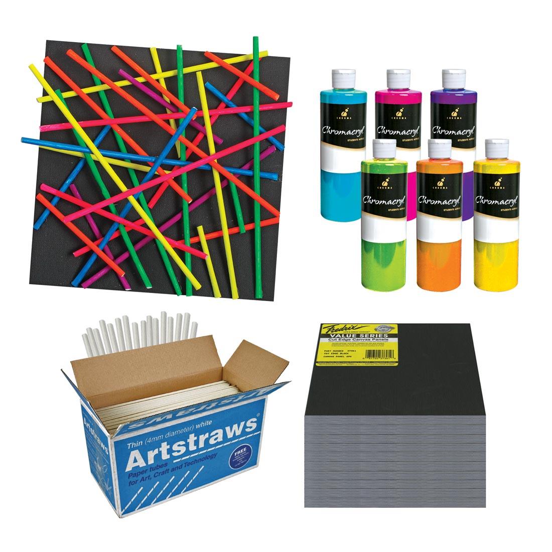 Contents of the Neon Linear Paper Straw Sculpture Project Kit plus an example of a completed sculpture